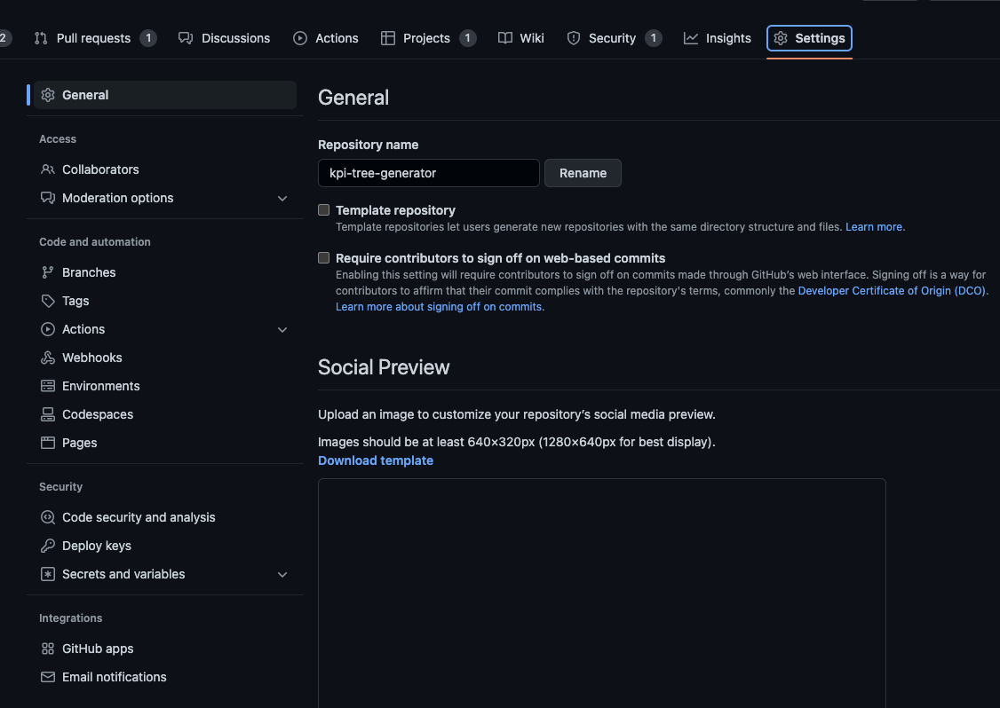 GitHubリポジトリの設定画面