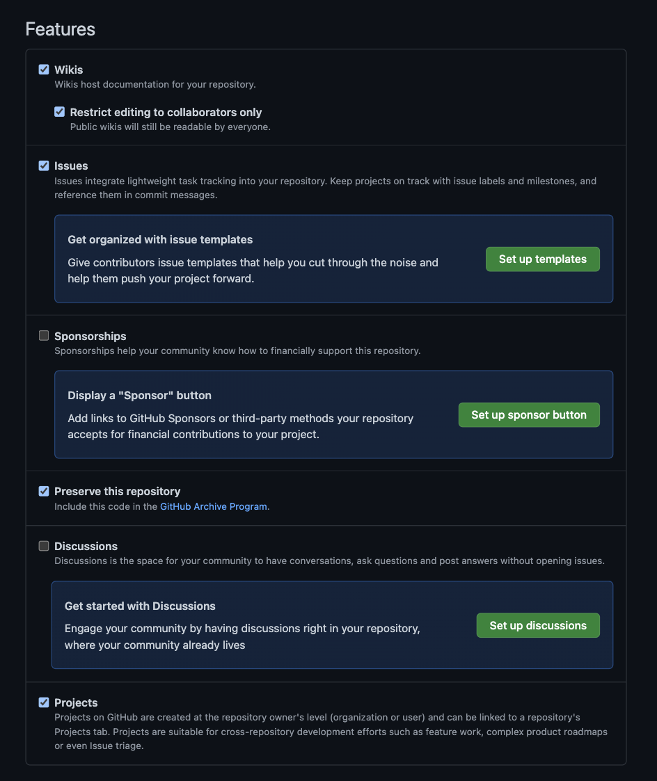 Featuresの設定項目