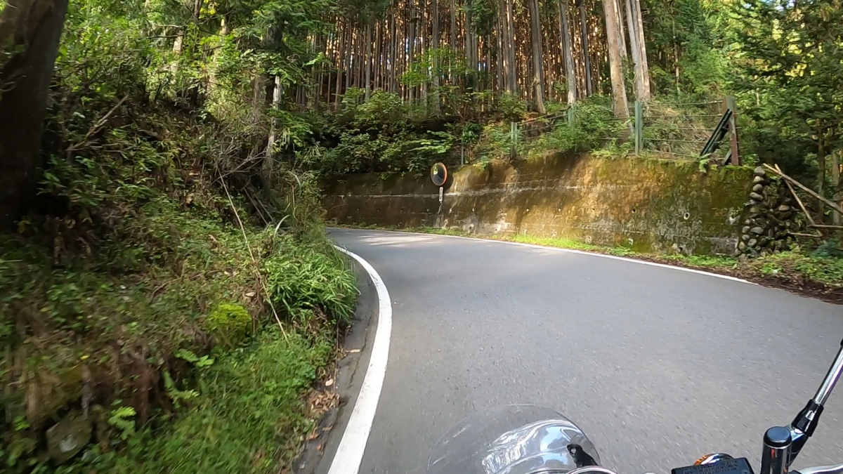 山伏峠の狭いコーナーを曲がっている様子