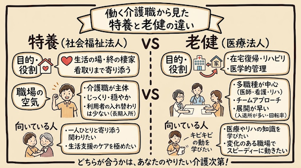 医療法人が運営することが多い「介護老人保健施設（老健）」と、社会福祉法人が運営する「特別養護老人ホーム（特養）」