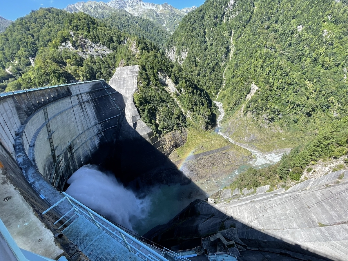 ダムの横から、観光放水の吹き出した水を見下ろしていて、水しぶきの上に小さい虹が見える。吹き出した水は、山の谷間を流れていく。