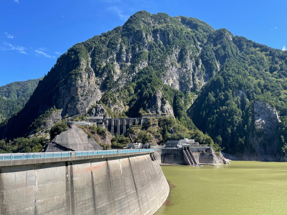 さっき来た方向を振り返って、青空、とんがった山、ダムの放水がない上流側