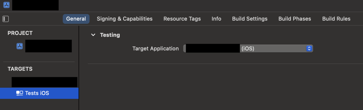 Tests iOSを実行できるよう、TARGETSからTarget Applicationを再設定する