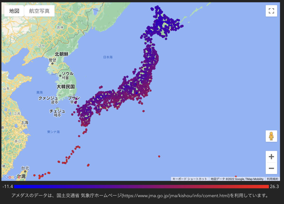 気象庁アメダス 12/21 12時ごろの気温分布の可視化例