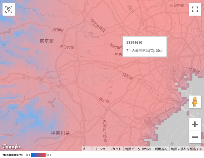 東京近辺の2022年7月の最高気温(℃)の分布例