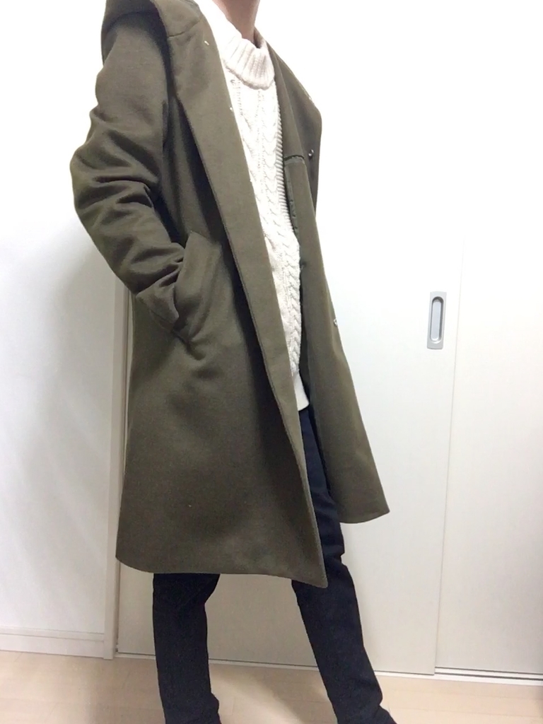 メンズ 秋冬コーデ グリーンロングコートと白ニットの着回しコーデ 日々の服たち