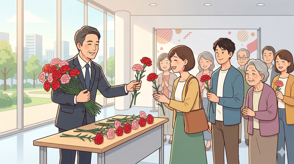 カーネーションを渡す経営者