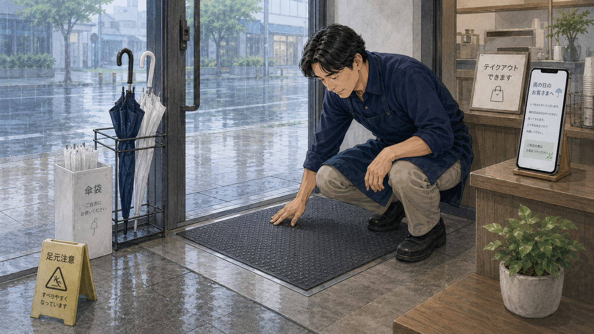 マットを点検する経営者