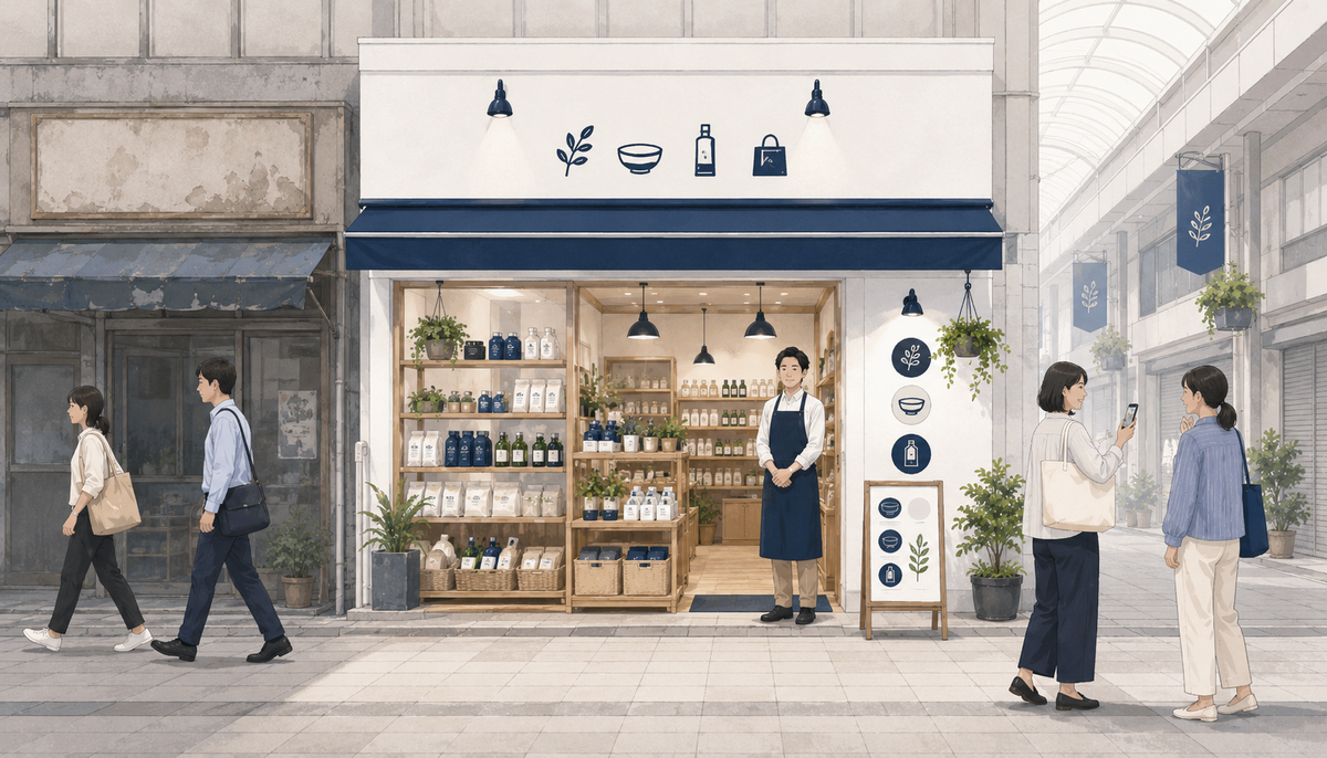 店舗の前で立ち尽くす経営者