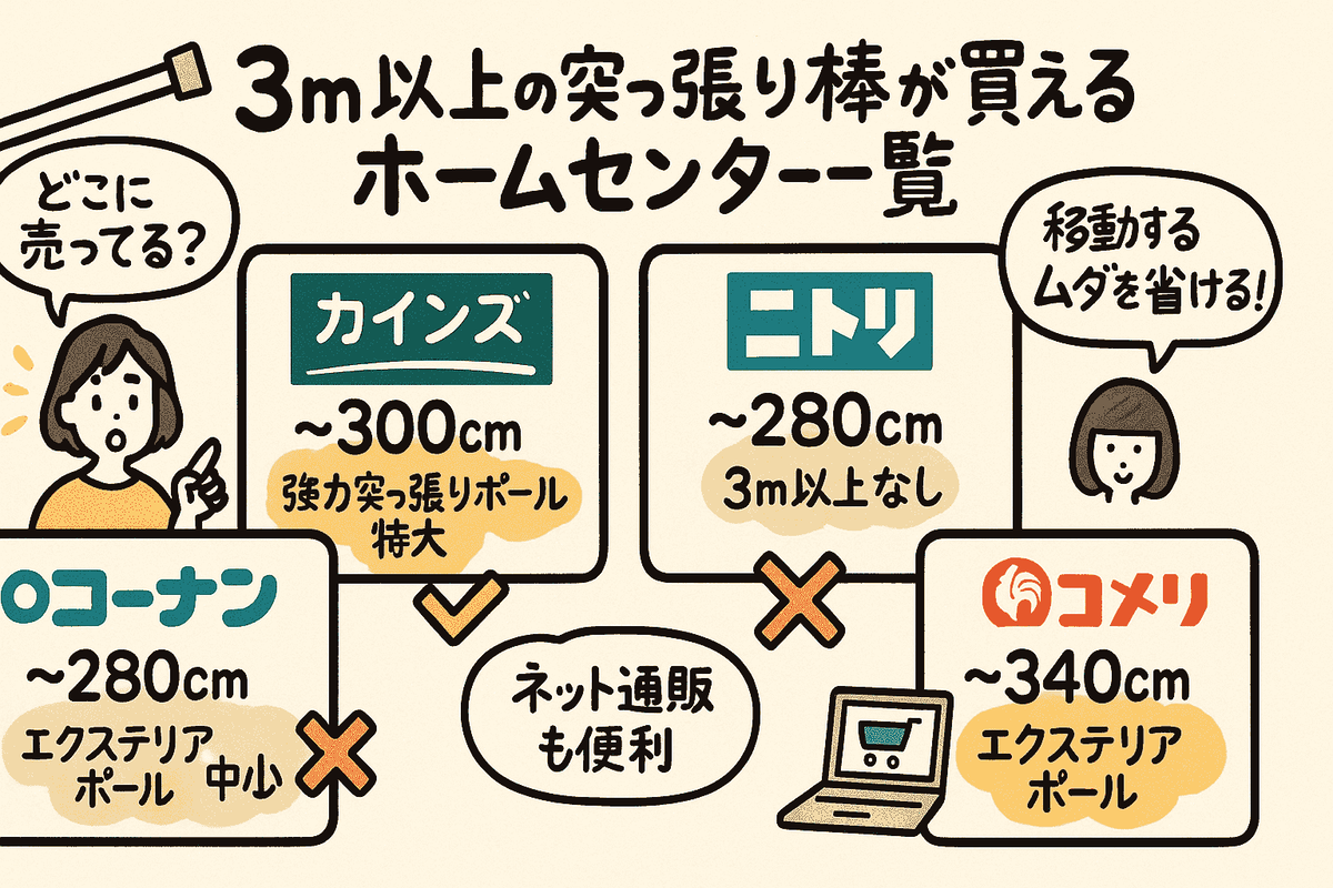 3m以上の突っ張り棒が買えるホームセンター一覧