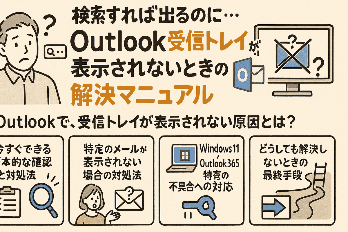 検索すれば出るのに…Outlook受信トレイが表示されないときの解決マニュアル