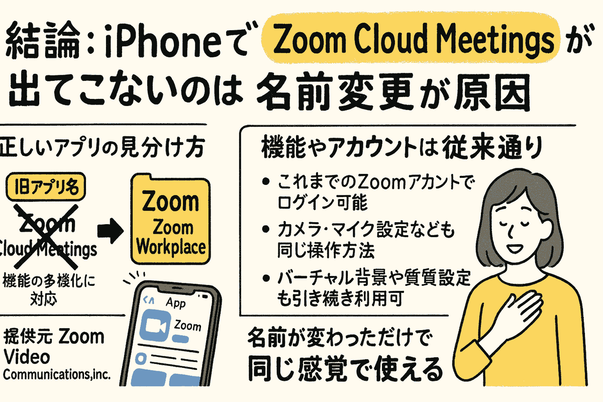 結論：iPhoneで「Zoom Cloud Meetings」が出てこないのは名前変更が原因