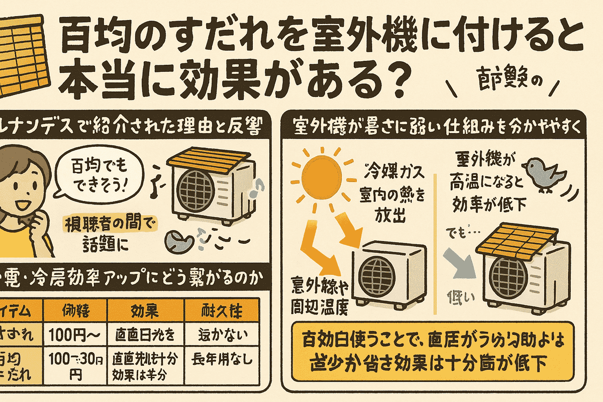 室外機に百均すだれは効果ある？ヒルナンデス式の正しい付け方と節電ポイント - oyakudachi’s diary