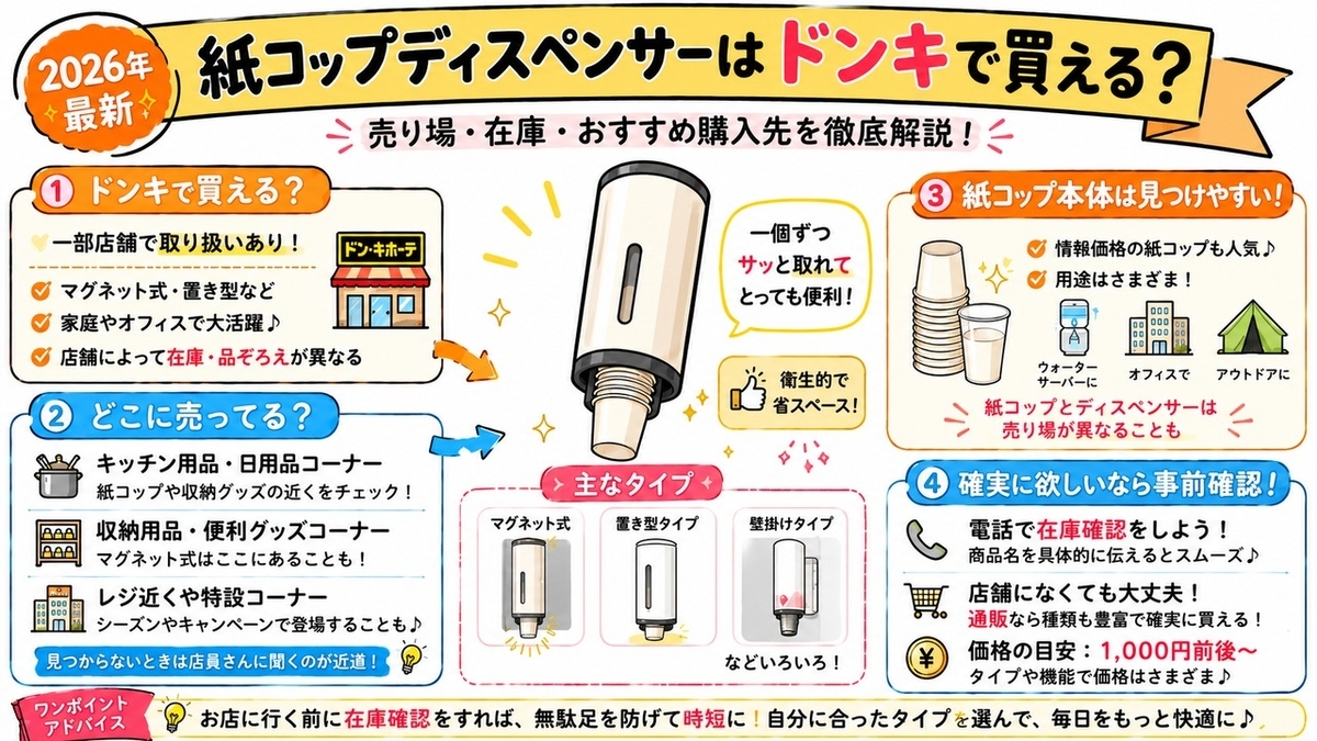 【2026年最新】紙コップディスペンサーはドンキで買える？売り場・在庫・おすすめ購入先を徹底解説