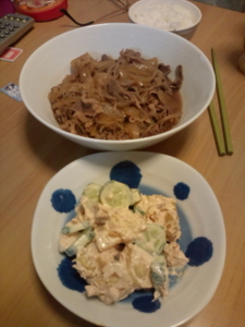 牛丼、カフェサラダ