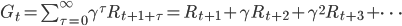 G_t = \sum_{\tau=0}^{\infty} \gamma^{\tau}R_{t+1+\tau}=R_{t+1}+\gamma R_{t+2}+\gamma^{2}R_{t+3}+\cdots