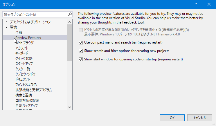 初期には存在した設定項目 Preview Features