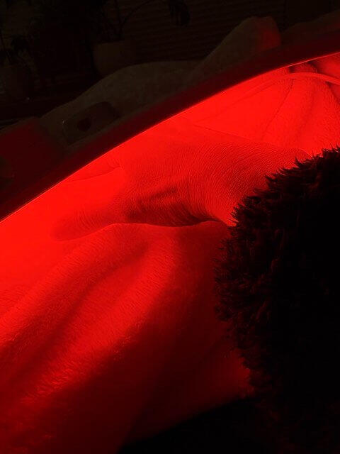 カレントボディLED光美容パネルを浴びるぽんこ氏の手