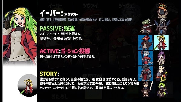 使用可能キャラの1人であるイーバーの説明画面