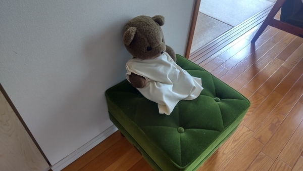 椅子にすわって壁によりかかっているテディベア
