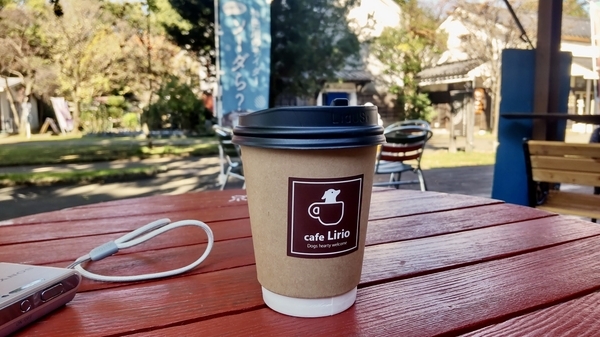 木のテーブルの上に紙コップ入りのコーヒー