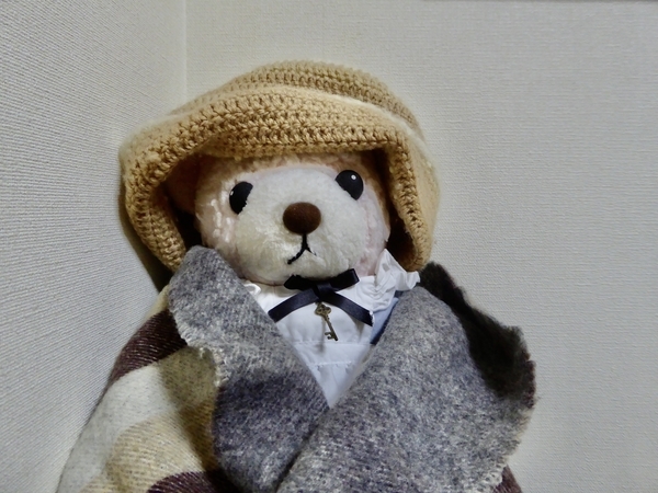 帽子とマフラーをしたぴんくのくまのぬいぐるみ