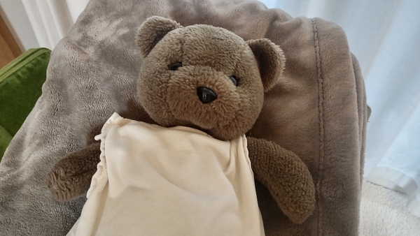 たたんだ毛布の上で寝転がっている茶色いくまのぬいぐるみ