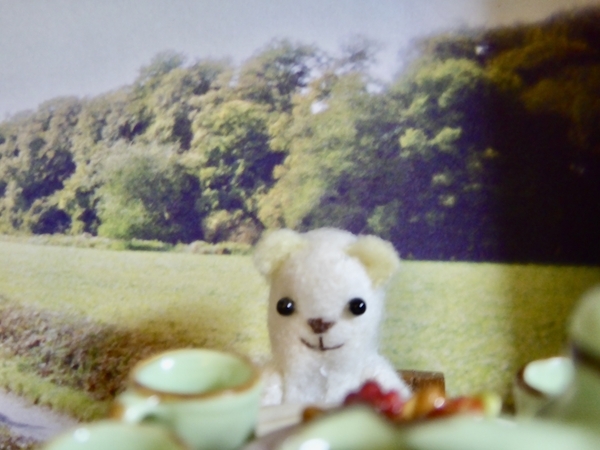 茶器越しにこっちを見ている白い小さなくまのぬいぐるみを撮った写真