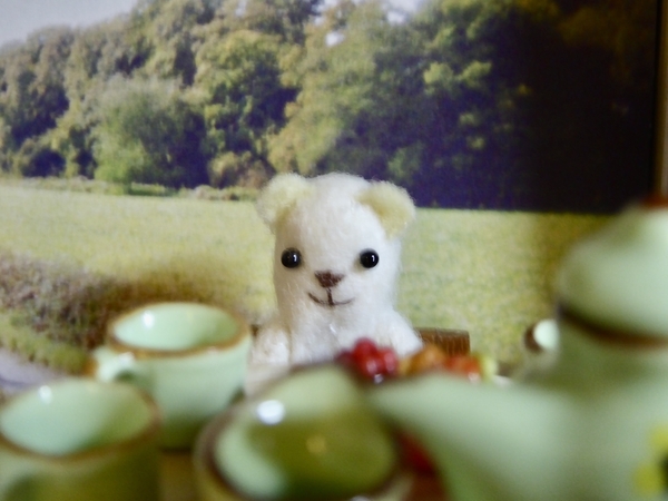 茶器ごしに見える小さな白いくまのぬいぐるみを撮った写真