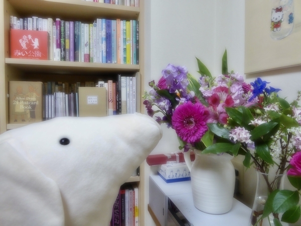 花瓶に花がたくさんいけてあって、それを豚のぬいぐるみが見ているところを撮った写真