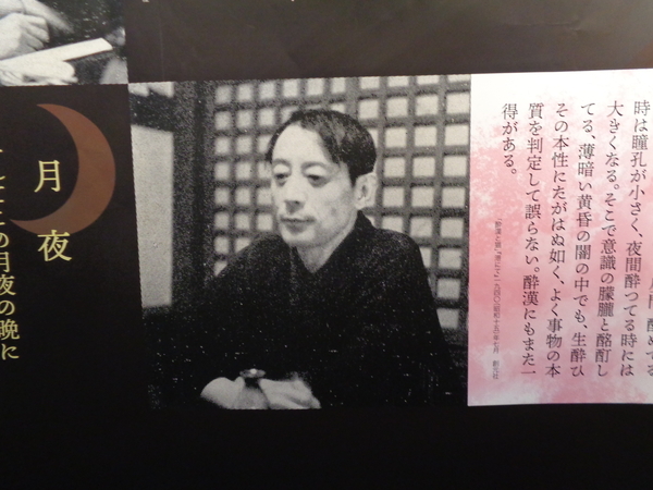 前橋文学館のパネル展示を撮った写真。酔っていい気持ちになっている萩原朔太郎。