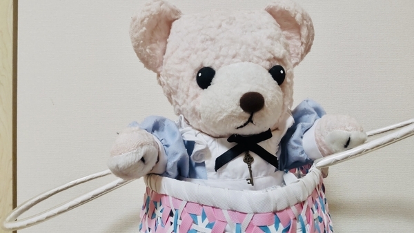 ぬいぐるみの写真。熊のぬいぐるみがかごに入って遊んでいる。