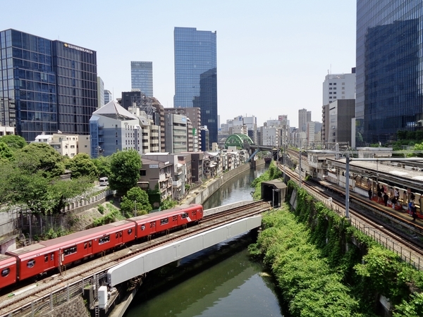 聖橋の上から撮った写真。神田川の上を赤い丸ノ内線の電車が行く。