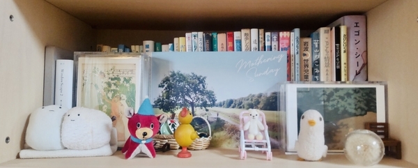 本棚の一画の写真。小さなぬいぐるみや木彫りの鳥のおもちゃが暮らしている。
