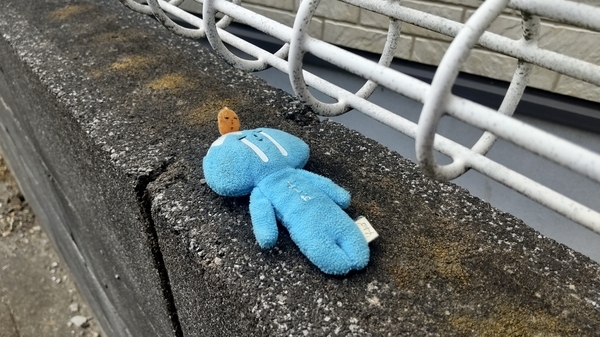 富士山を象徴するキャラクター、ふじおのぬいぐるみが道端に落ちている