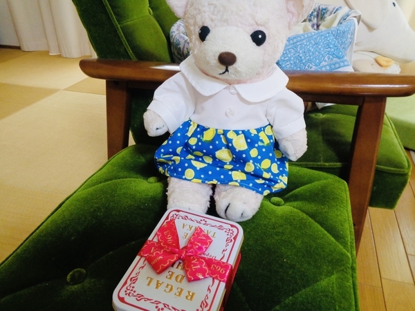 ぬいぐるみの写真。ワンピースを着たくまがクッキー缶をしげしげと見ている。