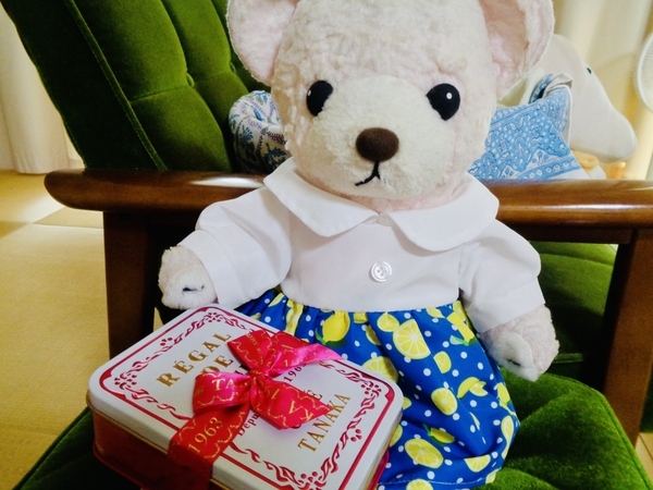 ぬいぐるみの写真。ワンピースを着たくまがクッキー缶を手にしている。