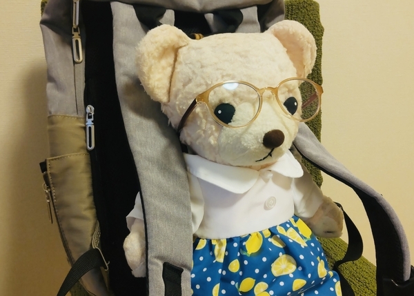 ぬいぐるみの写真。ワンピースを着てめがねをかけたくまがリュックを背負おうとしている。