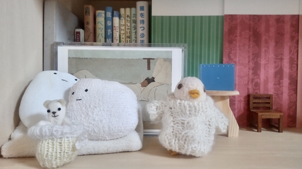 本棚の一隅の写真。小さな鳥がセーターを着ている。
