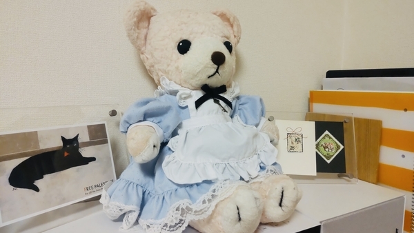 ぬいぐるみの写真。エプロンドレスを着ているくま。名前はざべす。