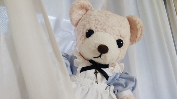 ぬいぐるみの写真。エプロンドレスを着ているくまが遠くを見ている。