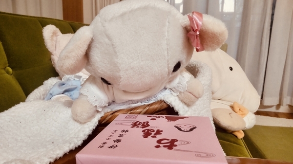 ぬいぐるみの写真。耳にリボンをつけたこぶたがピンクの紙につつまれた箱を見ている。