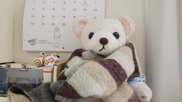 マフラーを巻いたぬいぐるみの写真。かわいいくま。