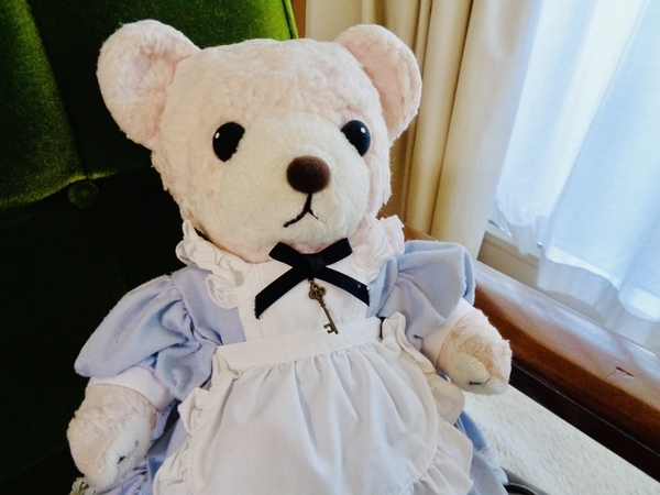 ぬいぐるみの写真。エプロンドレスを着たくま。