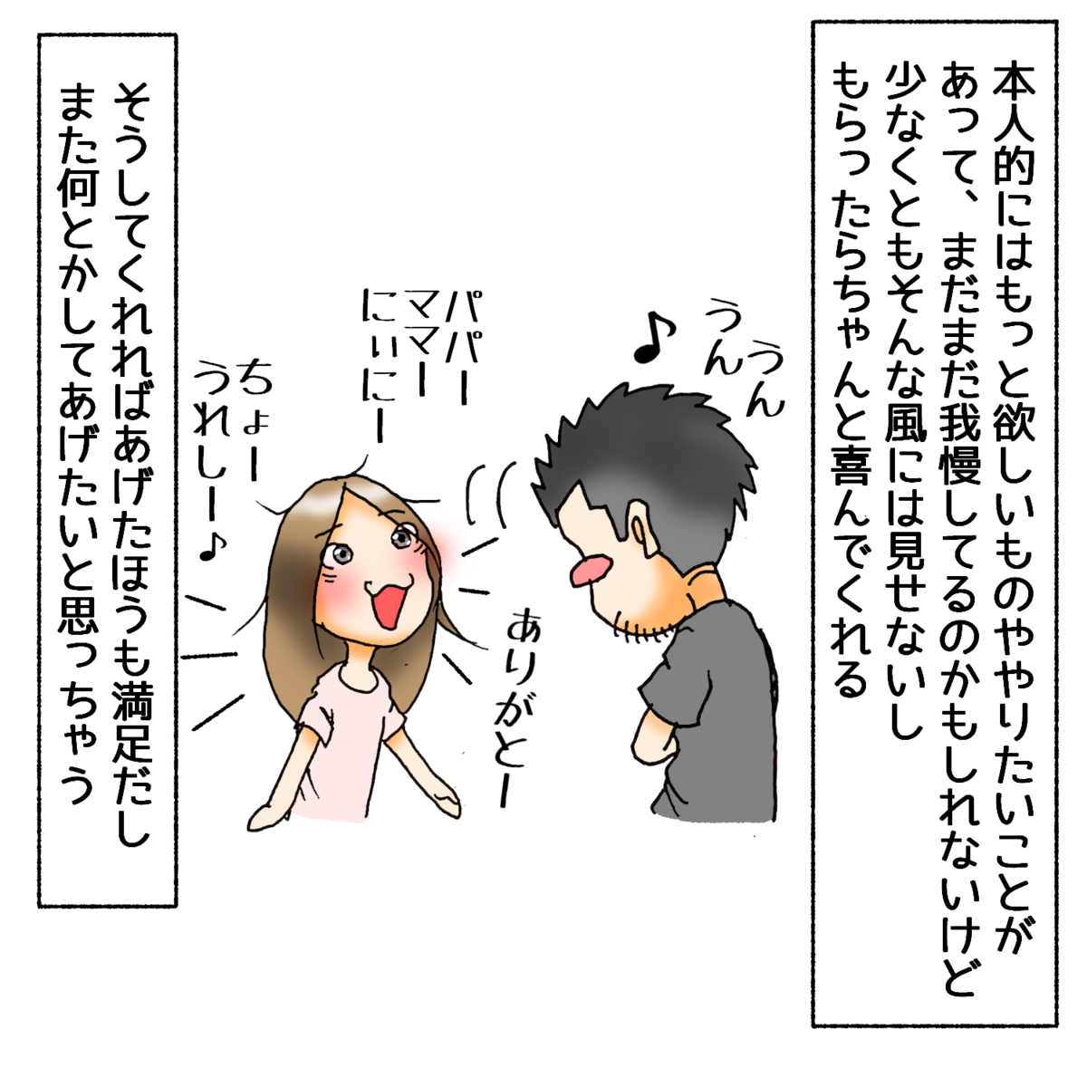 本人的にはもっと欲しいものややりたいことがあって、まだまだ我慢してるのかもしれないけど、少なくともそんな風には見せないし、もらったらちゃんと喜んでくれる