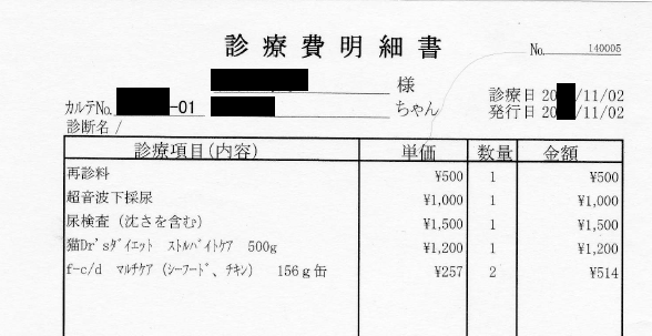 ストルバイト尿路結石になったときの治療費明細