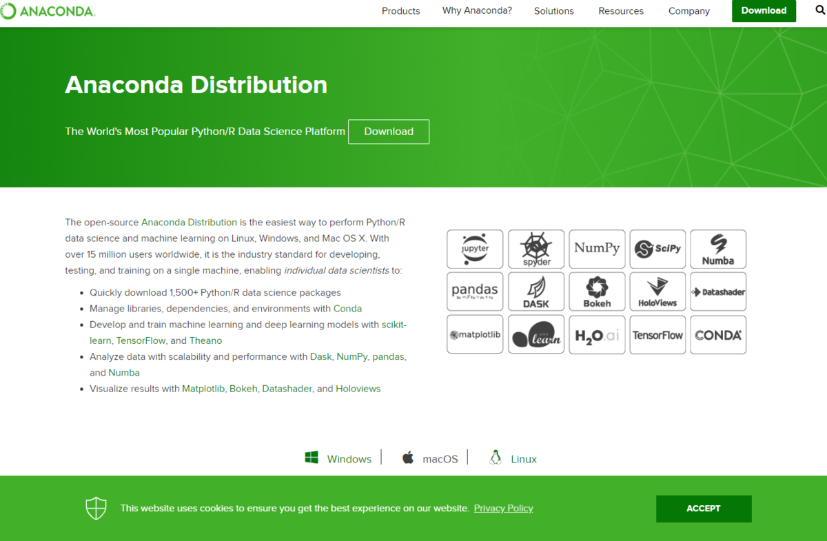 Anacondaの公式サイト。ダウンロードページ