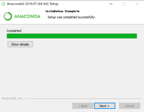 Anacondaのセットアップが終わった画面