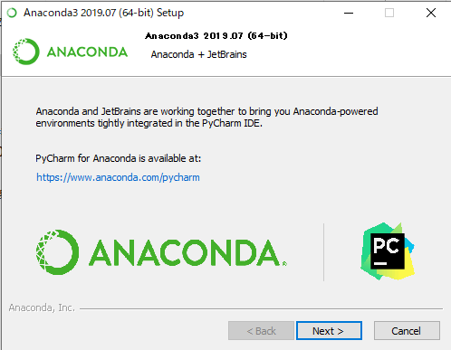 AnacondaはPyCharmを推奨しますという画面