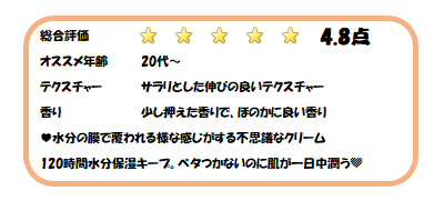 総合評価4.8点、オススメ年齢、20代~、サラリとした伸びの良いテクスチャー、少し抑えた香りでほのかに良い香り、水分の膜で覆われるような感じがする不思議なクリーム、120時間水分キープ。ベタつかないのに肌が一日中潤う